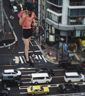 giantess collage buildings asian streets vehicles sneakers crosswalk pedestrians airraid