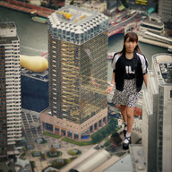 giantess collage city long_hair skirt brunette asian watch walking outdoors jacket airraid buildintgs