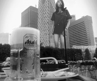 giantess collage city monochrome black_hair long_hair asian shorts outdoors bracelet airraid