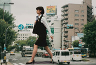 giantess collage city black_hair high_heels asian short_hair walking outdoors office_lady airraid