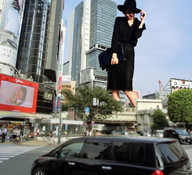 giantess collage city asian looking_down vehicles outdoors crowds airraid