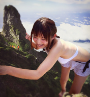 bikini giantess collage barefoot asian bending_over laughing mountains outdoors airraid