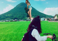 giantess collage long_hair brunette asian walking mountains flip_flops looking_back bikini_bottom airraid