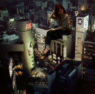 giantess collage long_hair high_heels brunette asian watch looking_down pants outdoors purse necklace sitting_on_building airraid