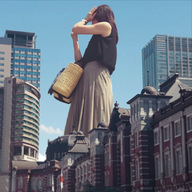 giantess collage long_hair clothed skirt brunette asian outdoors purse looking_away airraid