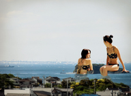 bikini giantess collage city brunette asian short_hair sitting giantesses swimming outdoors airraid