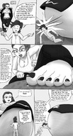 drawing comic monochrome barefoot glasses foot_play looking_down rings necklace dialogue panels sharp_nails black_nails giantwaifus
