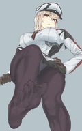 drawing panties blushing upskirt blonde color large_breasts long_hair sweat low_angle gloves nylons looking_down point_of_view raised_foot uru no_background