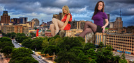 giantess collage city blonde destruction buildings brunette wonderslug giantesses streets clouds sky trees looking_at_viewer sitting_on_building anastasia aiysha tiny-little-lisa