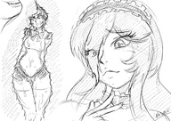 drawing giantess vore monochrome long_hair sketch looking_down throat_view internal_view throat_bulge no_background natsumemetalsonic persona persona_3 aigis