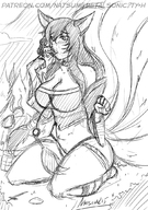 breasts drawing giantess vore blushing monochrome tongue fox_ears sitting bulge belly sketch looking_down woods forest voluptuous fox_girl pushing lol league_of_legends ahri belly_bulge looking_at_tiny natsumemetalsonic