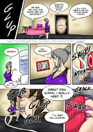 breasts drawing growth giantess white_hair vore comic color destruction glasses brunette open_mouth feeding voluptuous dialogue natsumemetalsonic