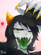 drawing giantess vore blushing horns black_hair color tongue mouth saliva smiling uvula short_hair fangs open_mouth dripping point_of_view imminent_vore mementomori homestuck no_background looking_at_tiny nepeta_leijon