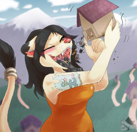 breasts drawing giantess vore furry blushing tail black_hair color tongue mouth saliva uvula fangs open_mouth piercing houses voluptuous tattoo long_tongue earrings imminent_vore mementomori looking_at_tiny multiple_prey blondie nosering black_tongue