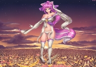 drawing giantess furry tail city color destruction stockings pink_hair gloves sandals belly shrine_maiden hotbento