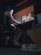 long_hair clothed barefoot unaware shrunken_people video_game computer pizza sorenzer0 digital_render