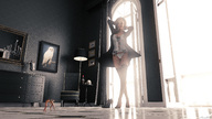 nude panties feet butt barefoot high_heels brunette stockings domination couple shrunken_woman shrunken_man corset floor sorenzer0 looking_at_tiny digital_render bitchy-paradox