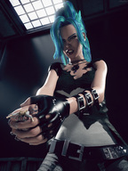 handheld blue_hair angry gloves shrunken_woman mohawk necklace squeezing sorenzer0 impending_doom digital_render
