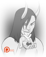 drawing monochrome tongue giant licking handheld shrunken_woman oral_sex looking_at_tiny spokle on_palm giant_demon petr