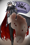 breasts drawing giantess white_hair crush feet blushing color armor blood stockings smiling short_hair foot_crush looking_down thighs point_of_view cape flag no_background tomoshib