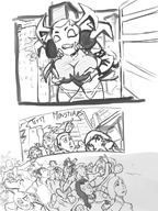 breasts drawing giantess horns city mega alien comic monochrome destruction cleavage huge_breasts smiling bending_over parody dialogue panels ben_10 way_bad terrible_the_drawfag mega_milk cartoon_network
