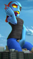 giantess masturbation tongue clothed saliva building_sex kneeling blue_skin sharp_teeth eyepatch digital_render undertale undyne guben theplasticguy