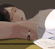 breasts drawing gentle sleeping black_hair color clothed brunette lying_down unaware shrunken_man nightie book ビク太 bikuta armpits