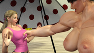 nude blonde large_breasts clothed beach mini_giantess cruel women grabbing umbrella digital_render