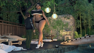 large_breasts clothed mini_giantess walking pool outdoors beanie looking_at_tiny digital_render