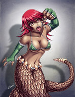 breasts drawing giantess vore color long_hair tongue cleavage bra gun skirt saliva red_eyes red_hair uvula belly open_mouth dangle dark_skin dripping voluptuous snake_girl imminent_vore no_background looking_at_tiny shaded karosu-maker