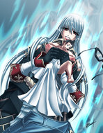 drawing nipples white_hair nude feet blushing black_hair color long_hair handheld glasses red_eyes low_angle smiling gloves shrunken_man looking_down magic valkyria_chronicles selvaria_bles no_background looking_at_tiny aura karosu-maker magic_aura