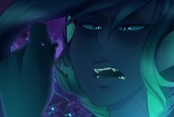drawing giantess mega color long_hair blue_eyes handheld angry blue_skin fangs frown pinch looking_at_tiny shaded gatonabas mutlicolored_hair zuzi