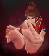 drawing giantess feet color barefoot brunette shorts unaware jacket stretching stinky_feet no_background danganronpa fooooly hina danganronpa_trigger_happy_havoc aoi_asahina gym_clothes