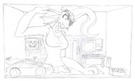 drawing growth monochrome large_breasts ponytail indoors computer sharp_teeth eyepatch outgrowing_room lightarchon undertale undyne race_car_bed