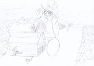 drawing growth giantess monochrome destruction huge_breasts ponytail kneeling monster_girl top sharp_teeth eyepatch lightarchon undertale undyne