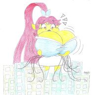 drawing giantess city color huge_breasts red_hair ponytail looking_down outdoors lightarchon yellow_skin
