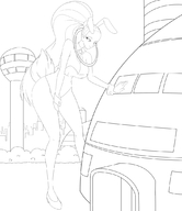 drawing giantess monochrome large_breasts cleavage dragon_ball bending_over outdoors vados capsule_corp