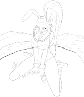 drawing giantess monochrome large_breasts cleavage ponytail sitting dragon_ball looking_down vados