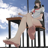 drawing giantess black_hair color long_hair barefoot soles foot_worship sitting shrunken_man between_toes on_foot bikuta
