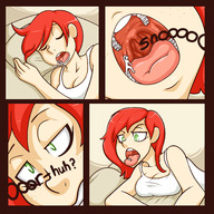 breasts drawing giantess sleeping comic color tongue mouth cleavage bed saliva green_eyes red_hair uvula lying_down medium_length_hair looking_down open_mouth panels imminent_vore jj-psychotic
