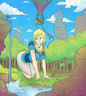 breasts drawing giantess color large_breasts blue_eyes cleavage skirt waterfall tree crawling medium_length_hair forest rope sky hot_air_balloon shirt necklace balloon multicolored_hair bongoskillz