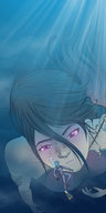 breasts drawing giantess black_hair color purple_eyes underwater swimming tentacles monster_girl glowing_eyes looking_at_tiny bongo kraken