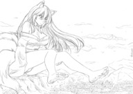 breasts drawing giantess crush feet blushing city mega monochrome large_breasts long_hair destruction cleavage fox_ears fox_tail kimono sitting foot_crush sketch looking_down voluptuous fox_girl multiple_tails cysh_aizen vkelis