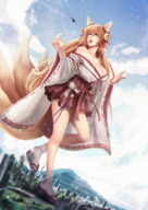breasts drawing giantess crush city mega color large_breasts long_hair cleavage buildings green_eyes fox_ears fox_tail kimono foot_crush airplane thighs voluptuous fox_girl multiple_tails orange_hair tabi_socks cysh_aizen solchan
