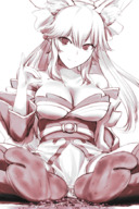 breasts drawing giantess crush feet giga city monochrome long_hair destruction cleavage stockings smiling fox_ears kimono foot_crush voluptuous fox_girl caster rakia tamamo_no_mae fate/extella fate_(series)