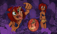 breasts drawing giantess vore comic color long_hair tongue mouth saliva green_eyes digestion smiling green_hair red_hair uvula short_hair belly medium_length_hair looking_down open_mouth forest dangle thighs dripping unwilling licking_lips stomach_view internal_view leaves looking_at_tiny petite manbanras drawk_skin