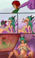 breasts drawing giantess vore blushing horns wings comic color tongue mouth saliva green_eyes smiling green_hair red_hair mini_giantess sitting bulge belly fangs looking_down open_mouth cruel thighs dripping long_tongue closed_eyes dragon_girl legs_spread panels internal_view sharp_teeth throat_bulge no_background looking_at_tiny manbanras