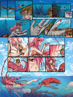 drawing giantess vore blushing blonde comic color long_hair tongue handheld water ocean wet saliva red_eyes smiling underwater pink_hair bulge heart swimming swallowed dripping long_tongue monster_girl panels imminent_vore throat_bulge looking_at_tiny lobster_girl autumnology lobster