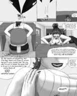 drawing monochrome large_breasts cleavage glasses breast_crush sitting shrunken_man looking_down earrings panels giantwaifus