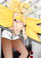 breasts drawing giantess pokemon blonde color blue_eyes low_angle smiling underboob belly shorts looking_down looking_at_tiny smirking gtsleuth gijinka red_(pokemon) zapdos